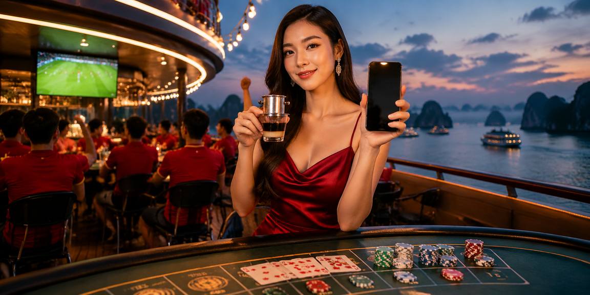 Người mẫu Việt Nam chơi poker với phong cảnh vịnh Hạ Long – minh họa game bài trực tuyến